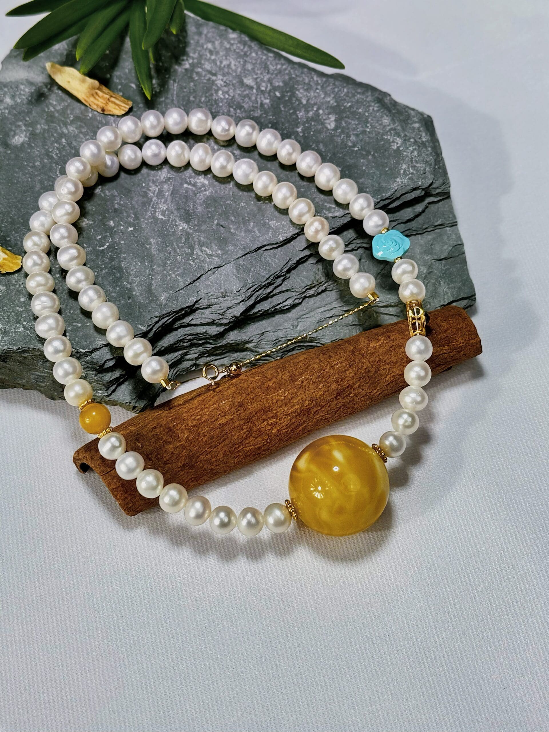 Pearl Amber Harmony Heart Nourish Vitality Necklace - 图片 4